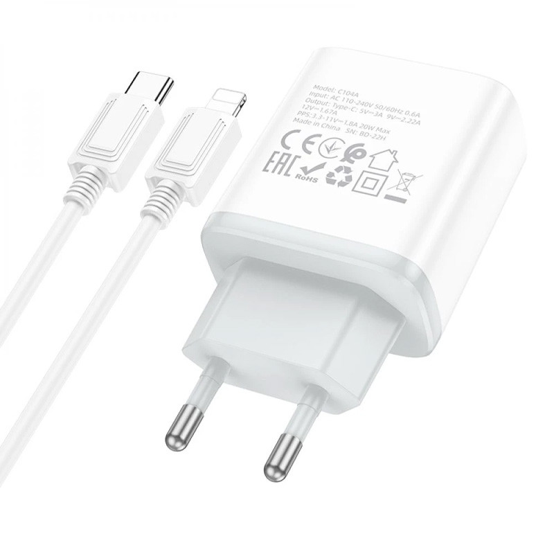 Мережевий зарядний пристрій Hoco C104A PD20W (1USB-C) + кабель Type-C to Lightning - Зображення 2