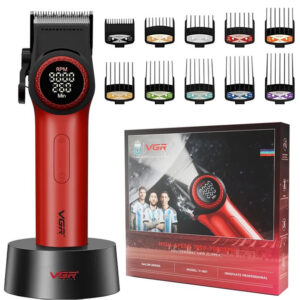 Машинка для стрижки VGR V-001 RED з дисплеєм 9000 об/хв 10 насадками 1,5–24 мм
