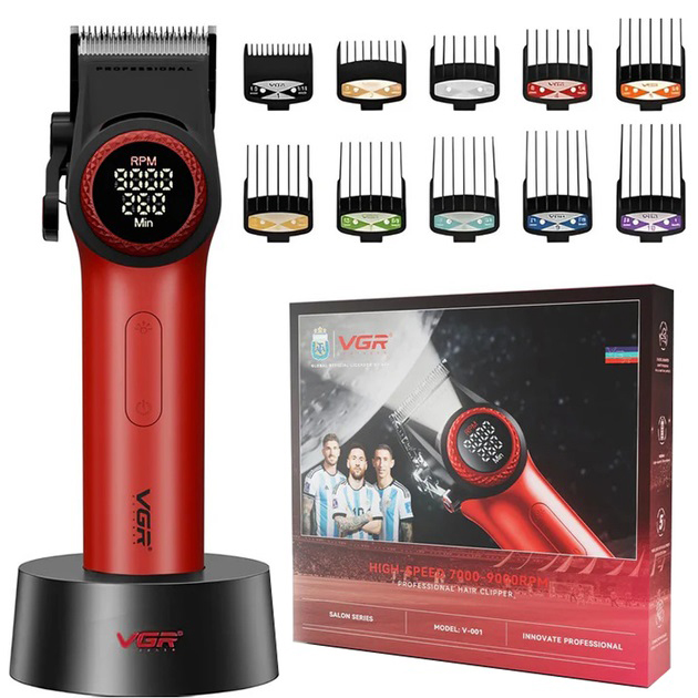 Машинка для стрижки VGR V-001 RED з дисплеєм 9000 об/хв 10 насадками 1,5–24 мм