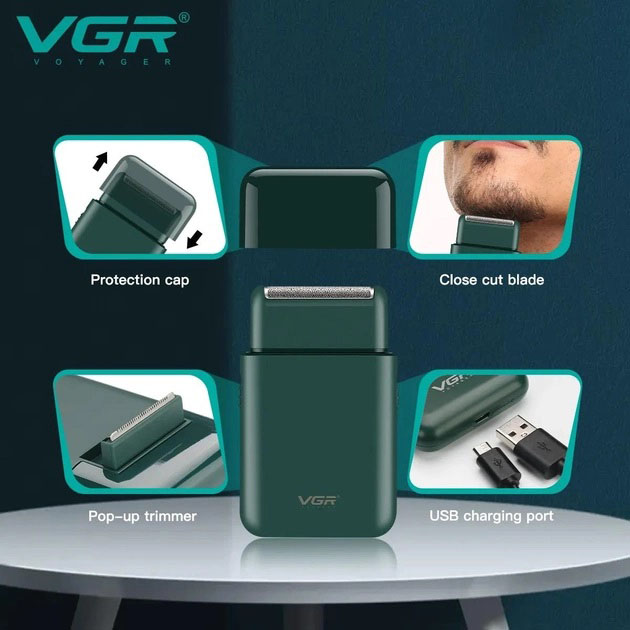 Акумуляторна електробритва VGR V-390 для гоління бороди та вусів зеленого кольору - Зображення 6