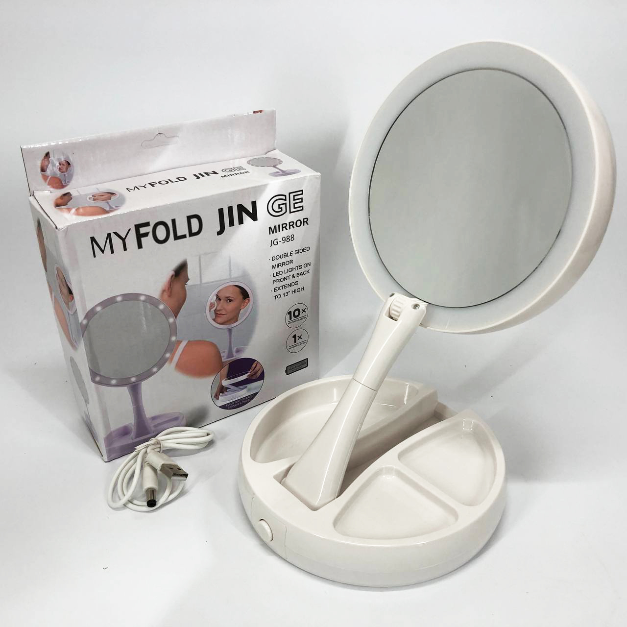 Складное зеркало для макияжа с Led подсветкой круглое увеличительное 10x My Fold Away Mirror. Цвет: белый - Зображення 9
