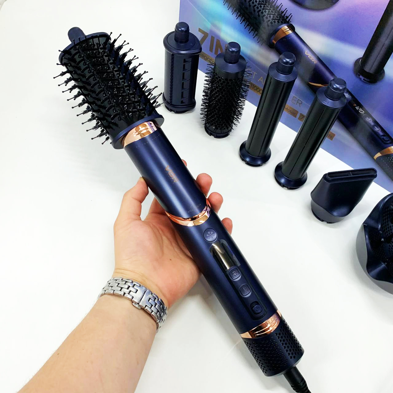 Фен-стайлер для волос 7в1 VGR V-477 DARK Blue Professional 1400 Вт 7 насадок - Зображення 2