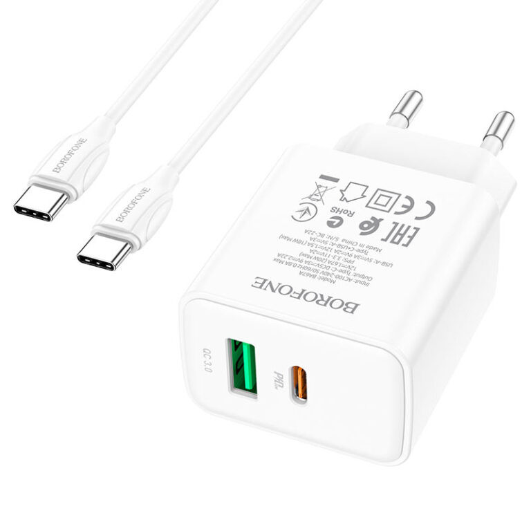 Мережевий зарядний пристрій Borofone BA67A PD20W+QC3.0 (1USB-A/1C) + кабель Type-C to Type-C - Зображення 3