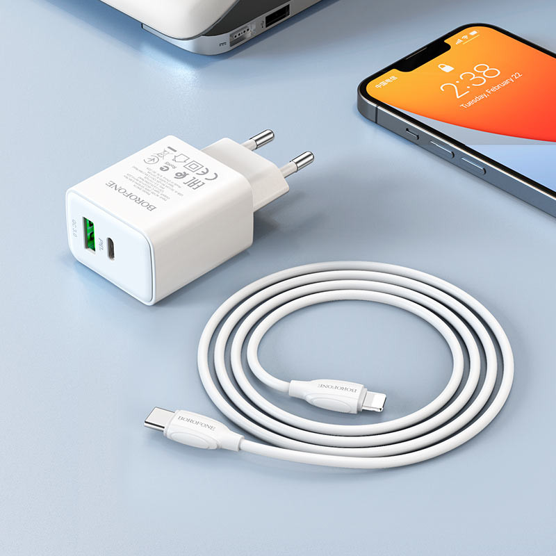 Мережевий зарядний пристрій Borofone BA67A PD20W+QC3.0 (1USB-A/1C) + кабель Type-C to Lightning - Зображення 5