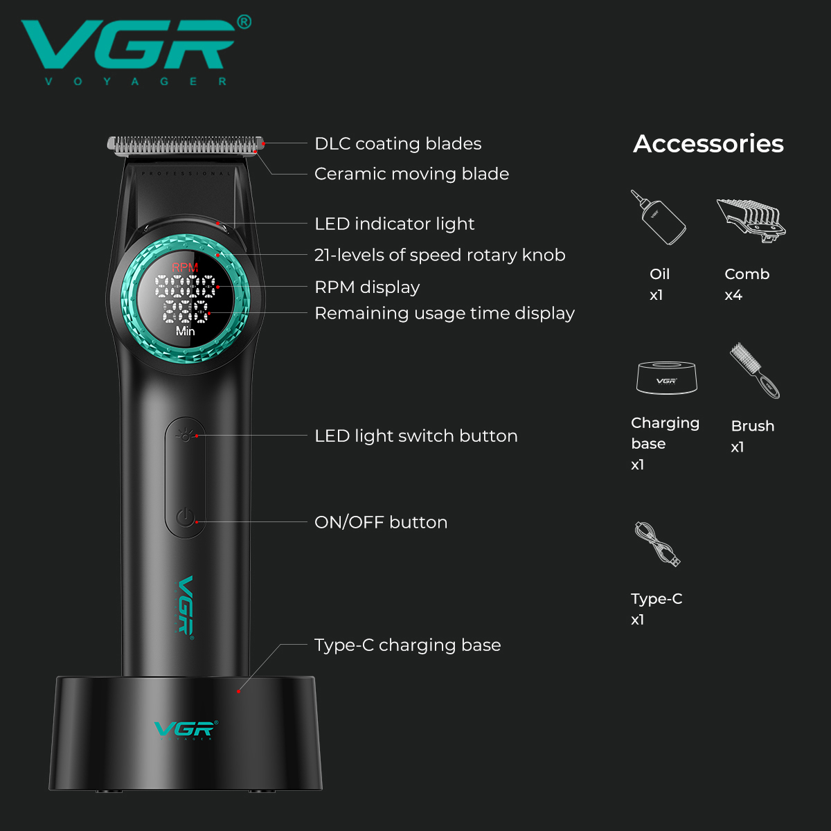 Тример VGR V-977 BLACK з регулюванням потужності 6000–8000 RPM - Зображення 4