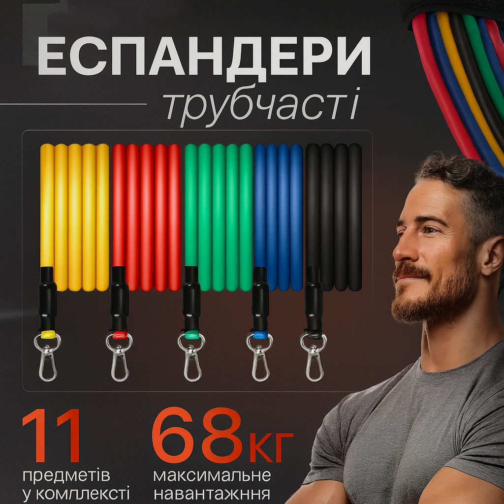 Эспандер резина для зарядок exercise pipe, эспандер резиновый жгут упражнения, Фитнес резинки 5 в 1 - Зображення 44