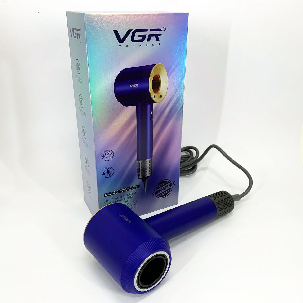 Фен професійний VGR V-445 BLUE 3 рівні обдування 4 рівні температури 1600 Вт - Зображення 4