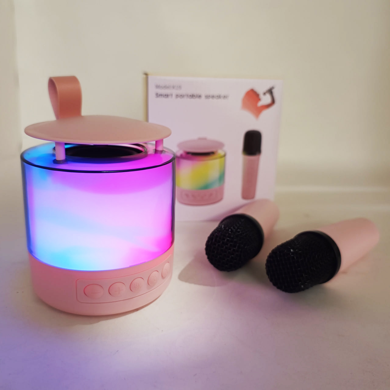 Портативна Bluetooth колонка K19 з LED-підсвічуванням для караоке Pink двома мікрофонами - Зображення 2
