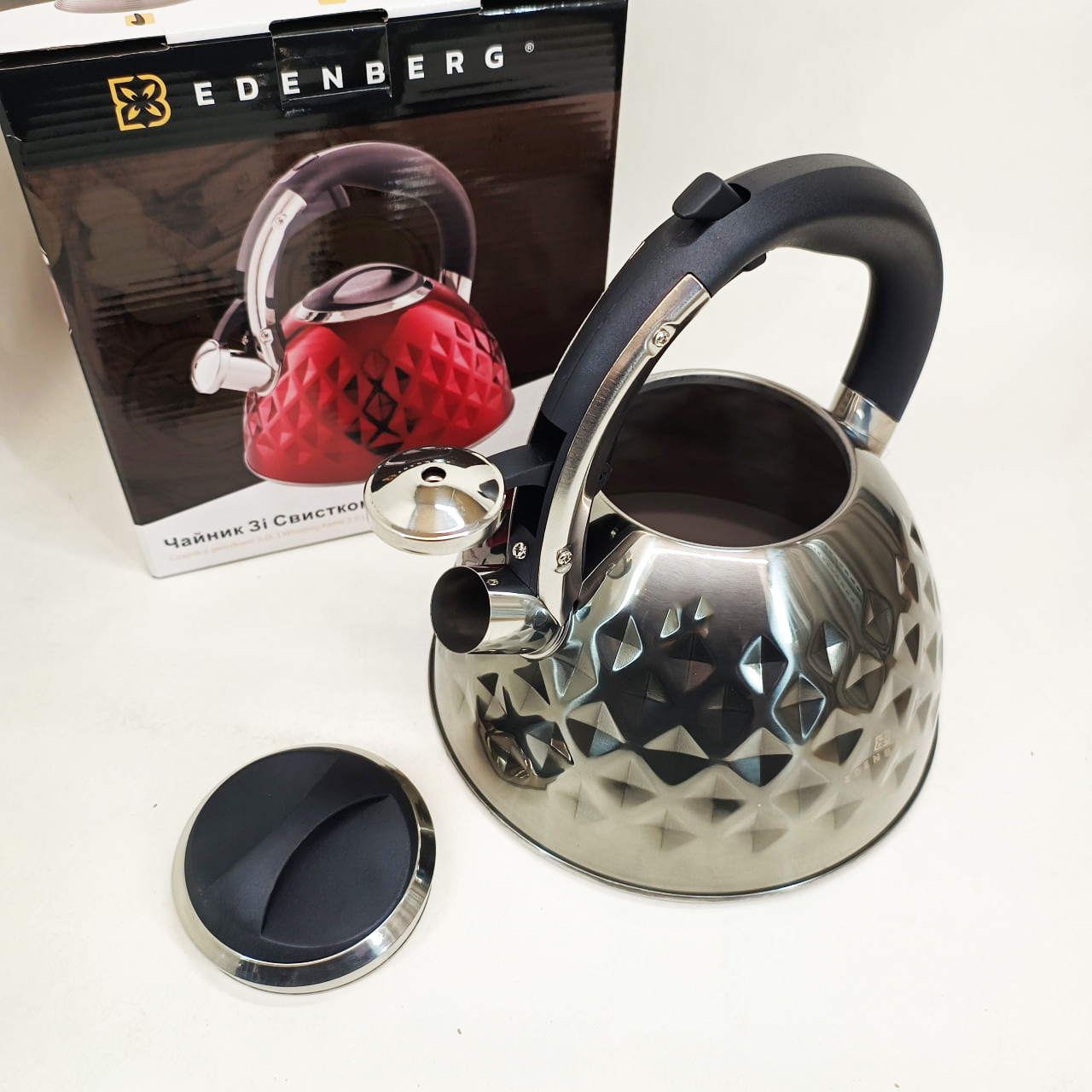 Чайник з нержавіючої сталі Edenberg EB-8833 зі свистком 3 л індукційне дно Silver - Зображення 2