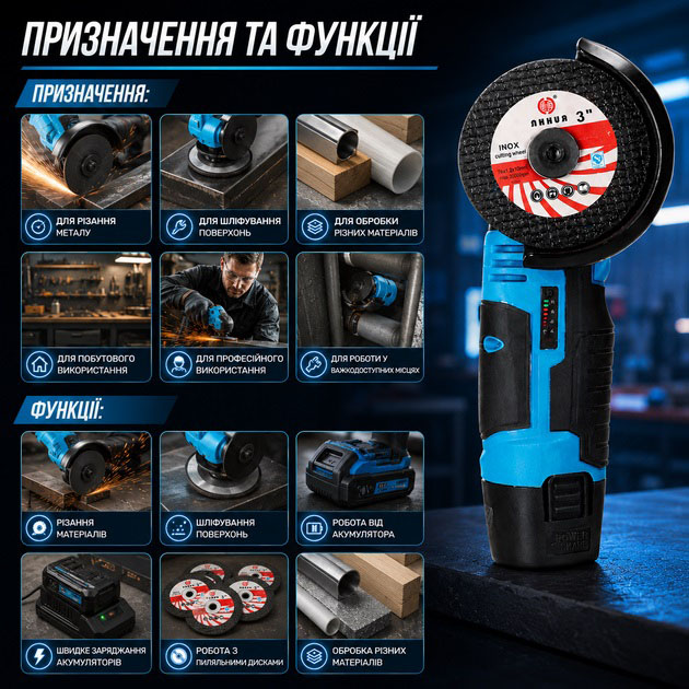 Акумуляторна міні кутова шліфувальна машина CHAMPION CP-3420 - Зображення 3