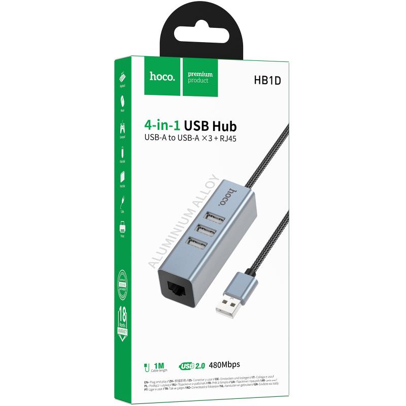 Перехідник HUB Hoco HB1D USB to USB2.0*3+RJ45 - Зображення 2