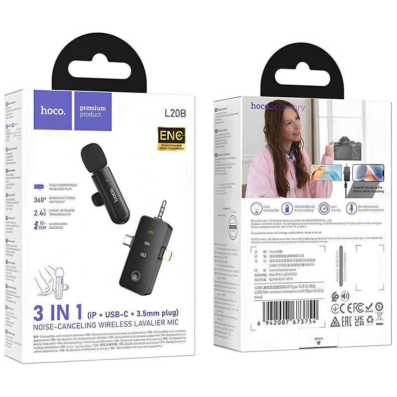 Петличний бездротовий мікрофон Hoco L20B Fair 3in1 (Lightning/Type-C/3.5) - Зображення 4
