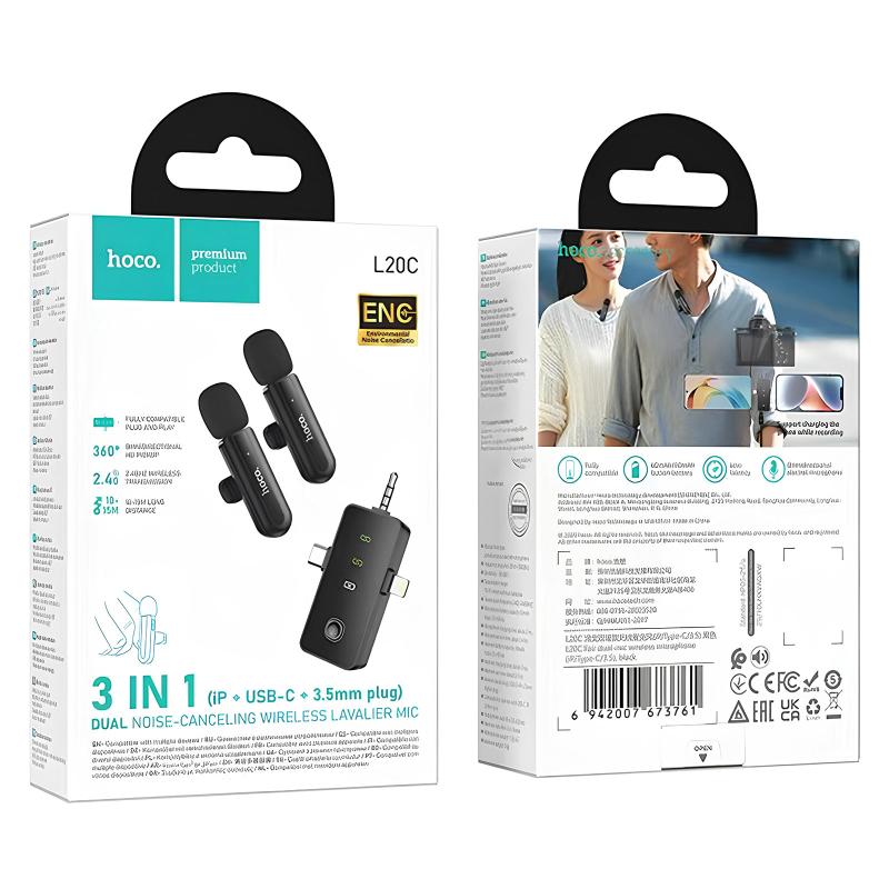 Петличний бездротовий мікрофон Hoco L20C Fair dual-mic 3in1 (Lightning/Type-C/3.5) - Зображення 2