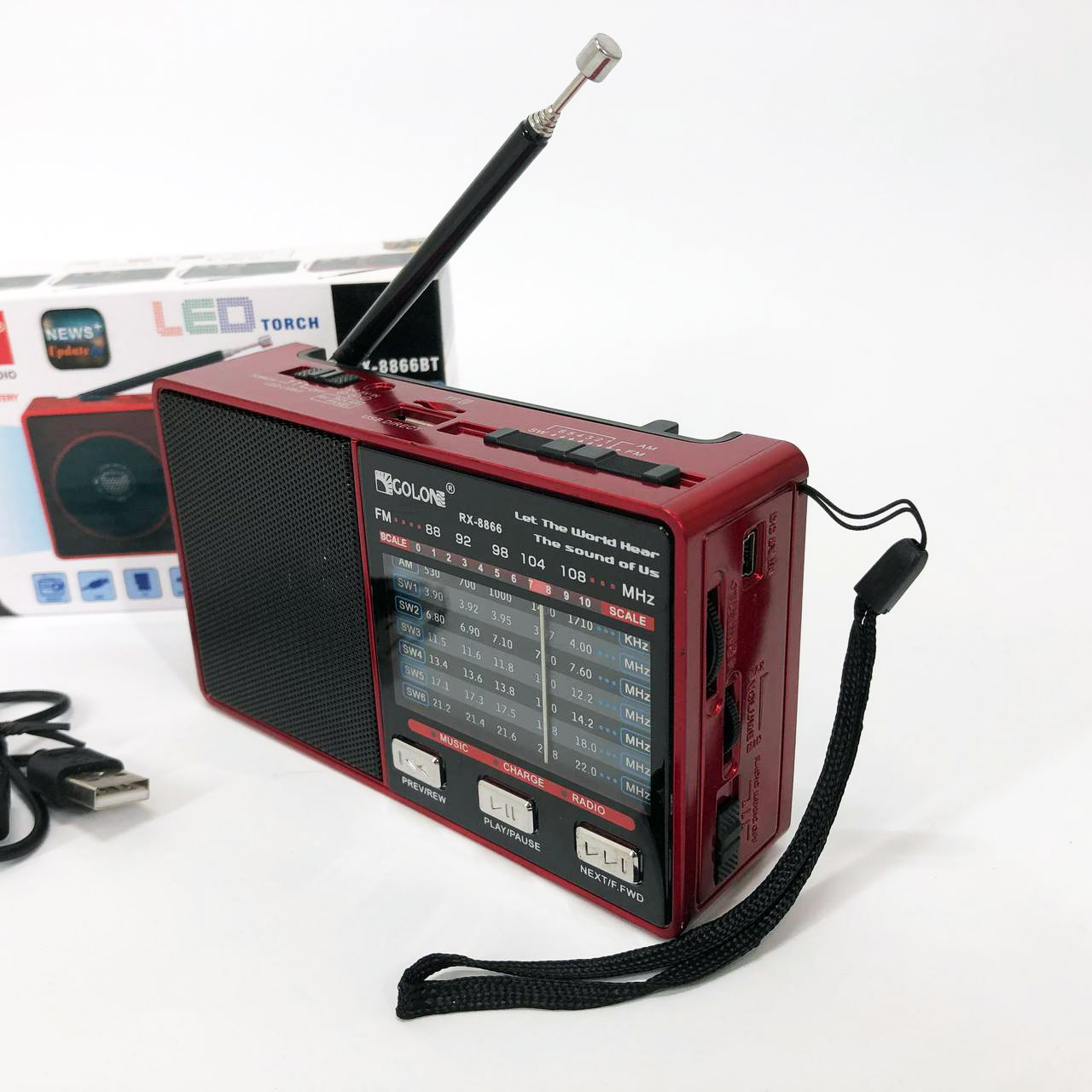 Радіо GOLON RX-8866 з ліхтариком і Power Bank червоного кольору - Зображення 6