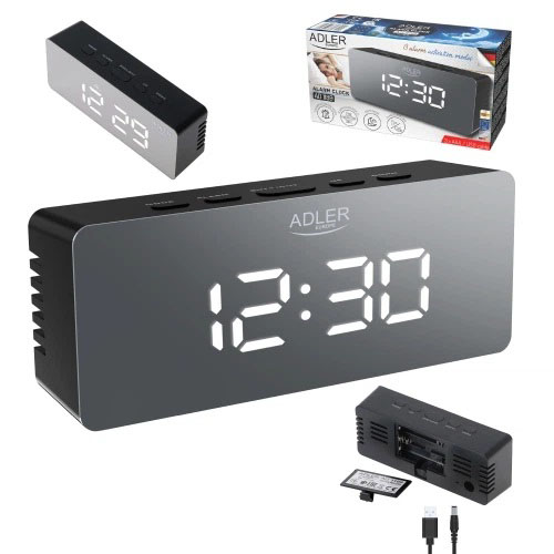 Настільний будильник Adler AD 1189 Black з термометром, LED-підсвіткою та USB живленням