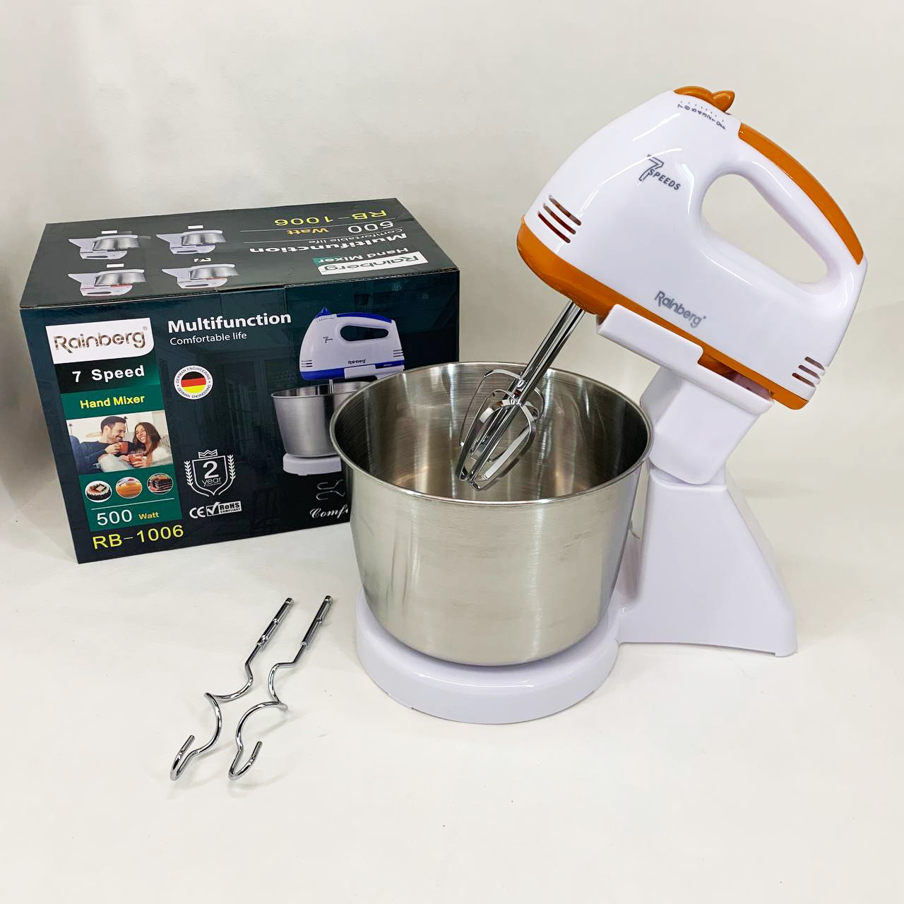 Міксер Rainberg RB-1006 500 Вт з чашею та насадками для замішування тіста Orange - Зображення 6