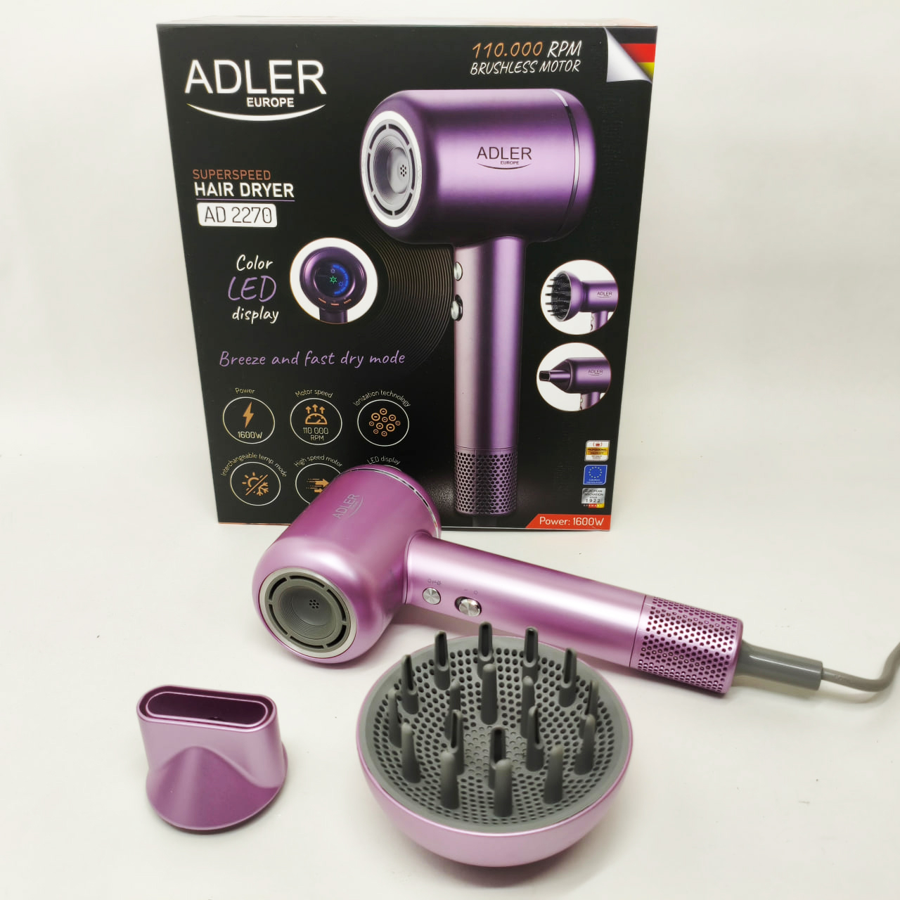 Фен для волосся Adler AD 2270P SUPERSPEED 1600 Вт з дисплеєм