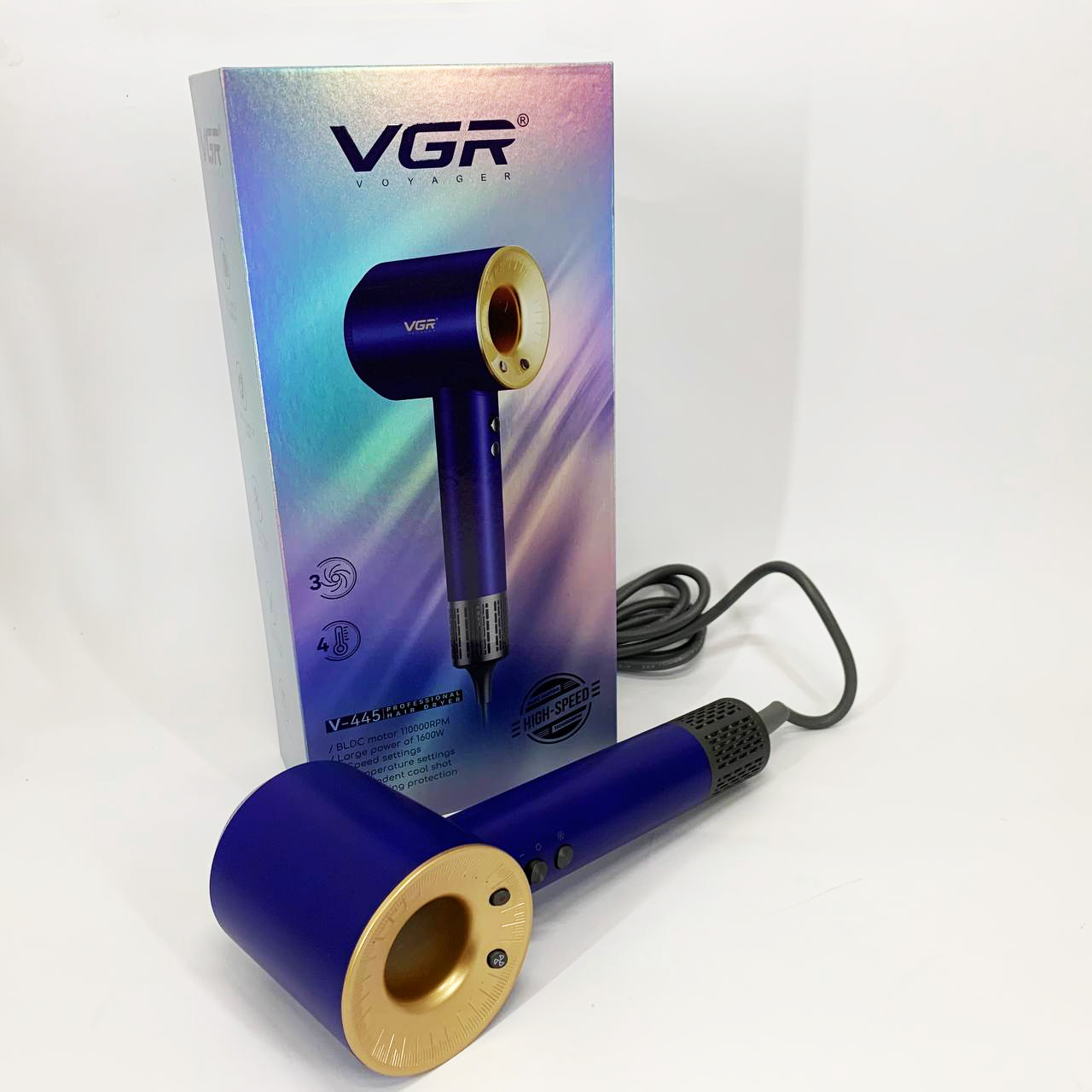Фен професійний VGR V-445 BLUE 3 рівні обдування 4 рівні температури 1600 Вт - Зображення 2