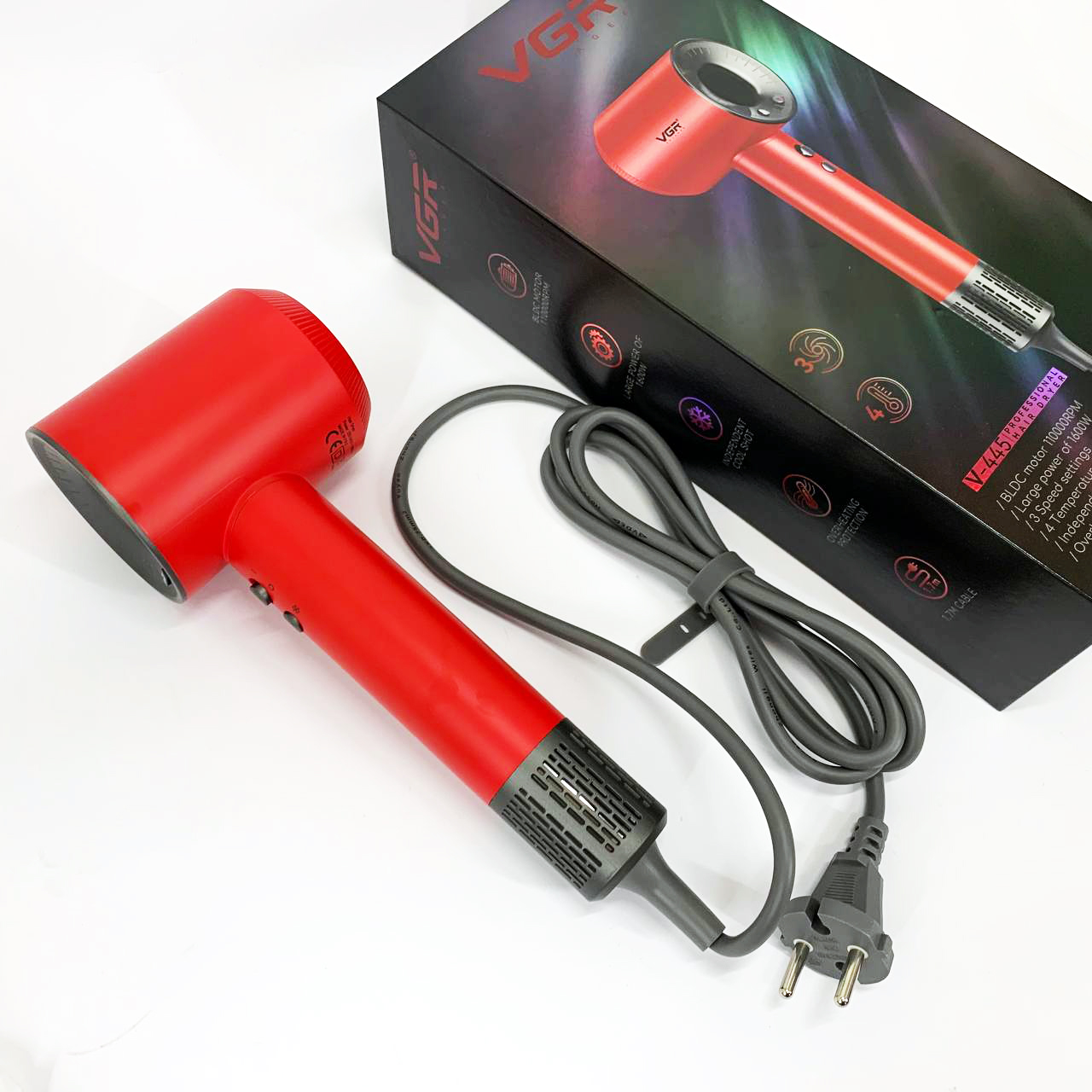Фен професійний VGR V-445 RED з 3 рівнями обдування 4 рівнями температури 1600 Вт - Зображення 3