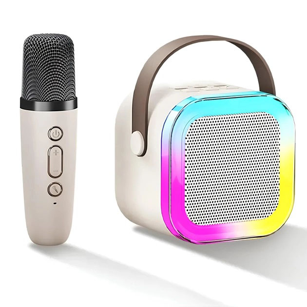 Портативна колонка K12 з караоке мікрофоном та RGB-підсвічуванням 10 Вт білого кольору