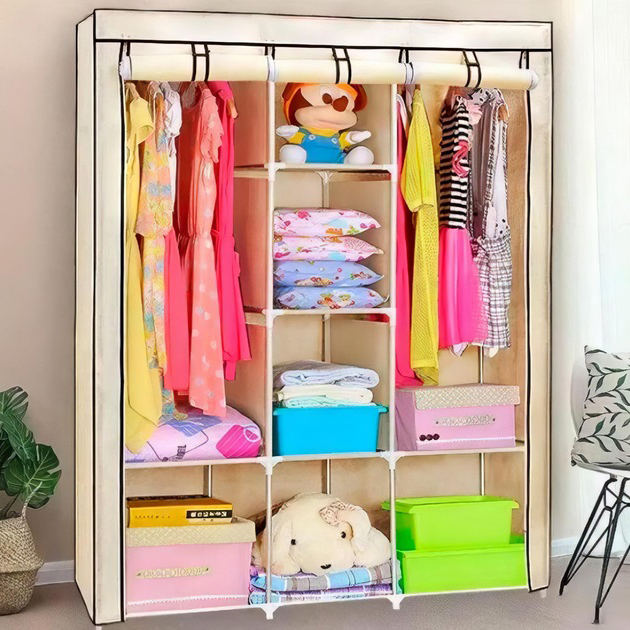 Шафа тканинна 3 секції STORAGE WARDROBE 175×130×45 см білясого кольору - Зображення 2