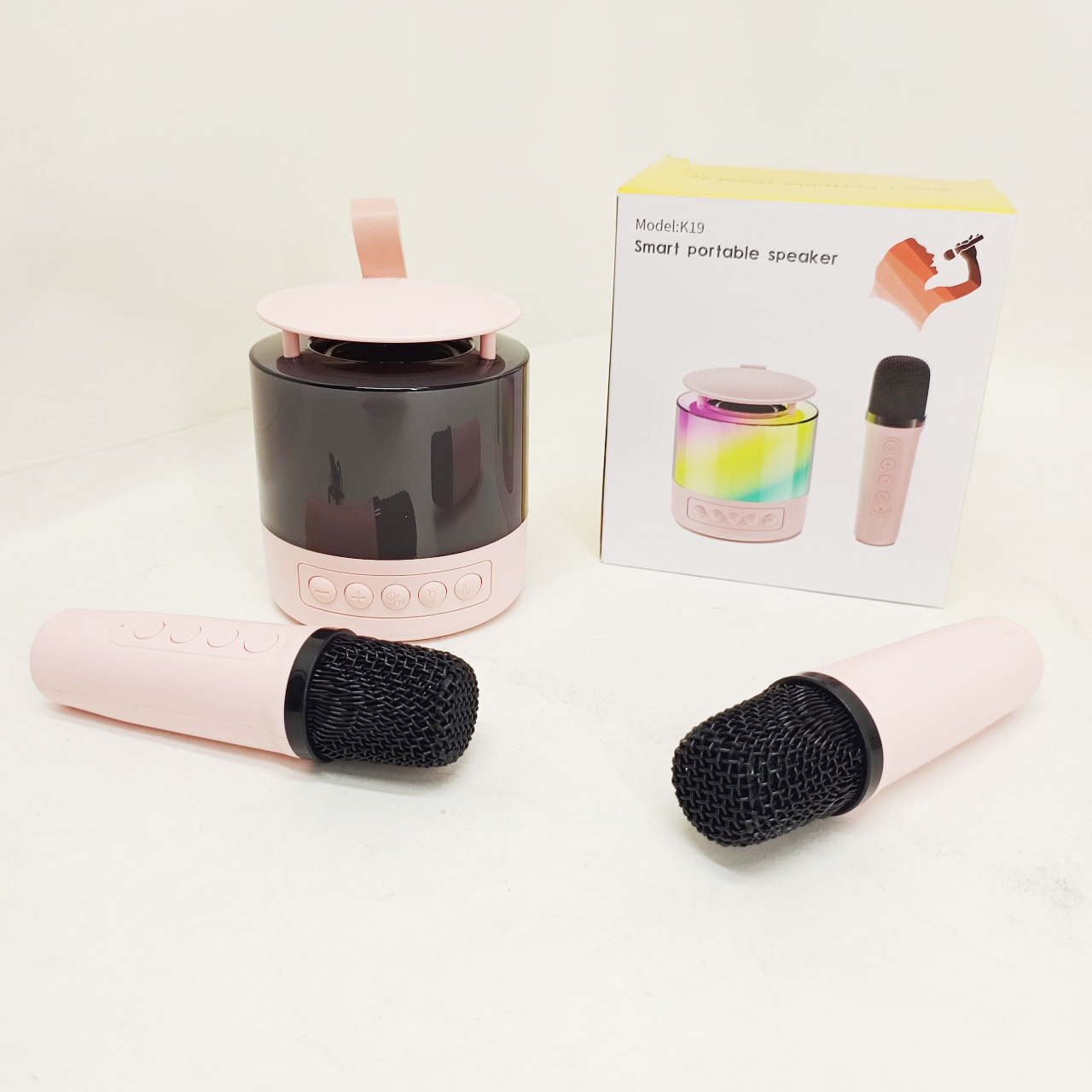 Портативна Bluetooth колонка K19 з LED-підсвічуванням для караоке Pink двома мікрофонами - Зображення 5