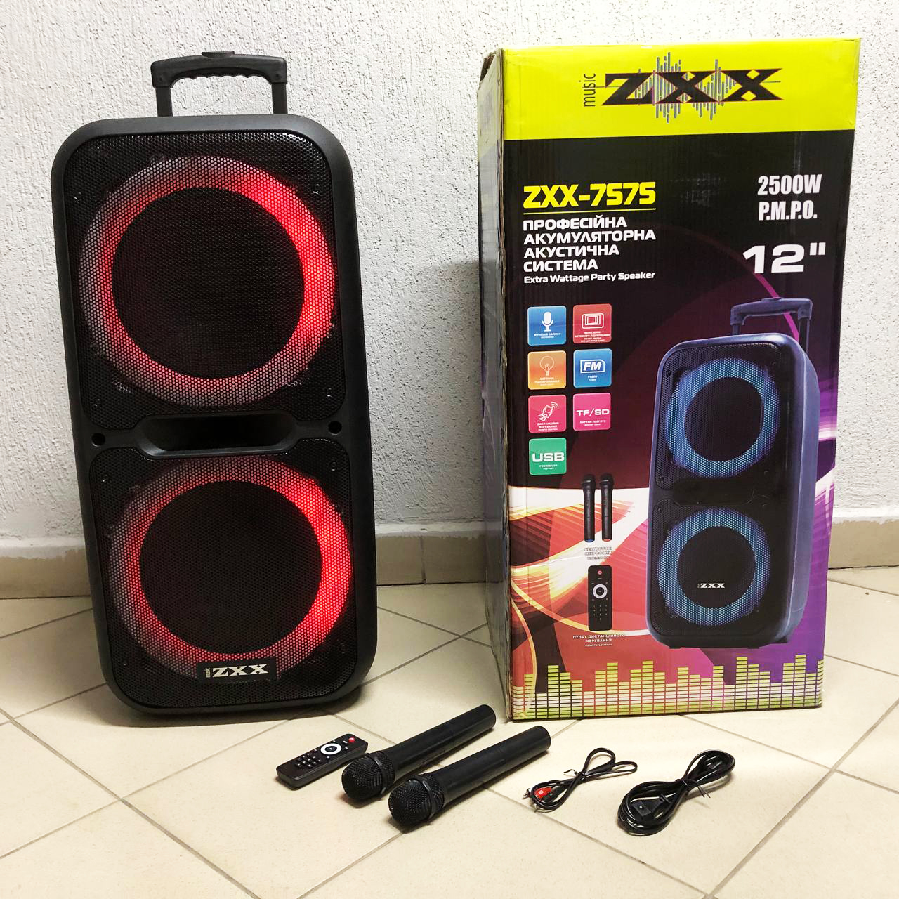 Акустична колонка ZXX-7575 300 Вт акумуляторна 80×39×33 см з мікрофонами - Зображення 2