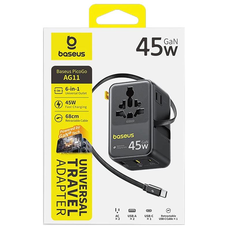 Мережевий універсальний перехідник Baseus AG11 45W with retractable cable (2USB-A/1C/1Socket) (E0307F) - Зображення 2