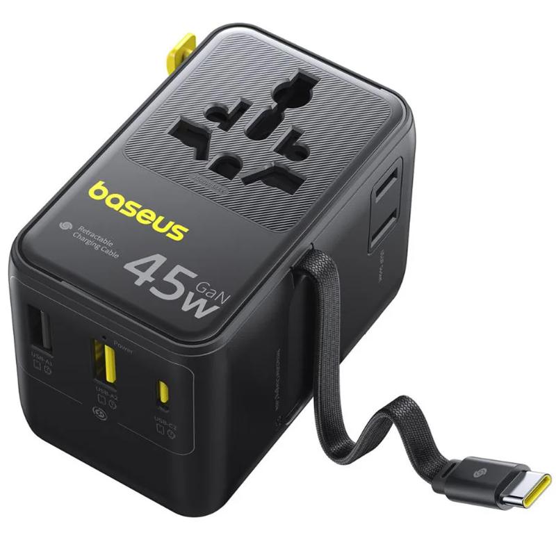 Мережевий універсальний перехідник Baseus AG11 45W with retractable cable (2USB-A/1C/1Socket) (E0307F) - Зображення 3