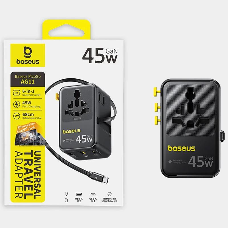 Мережевий універсальний перехідник Baseus AG11 45W with retractable cable (2USB-A/1C/1Socket) (E0307F) - Зображення 5