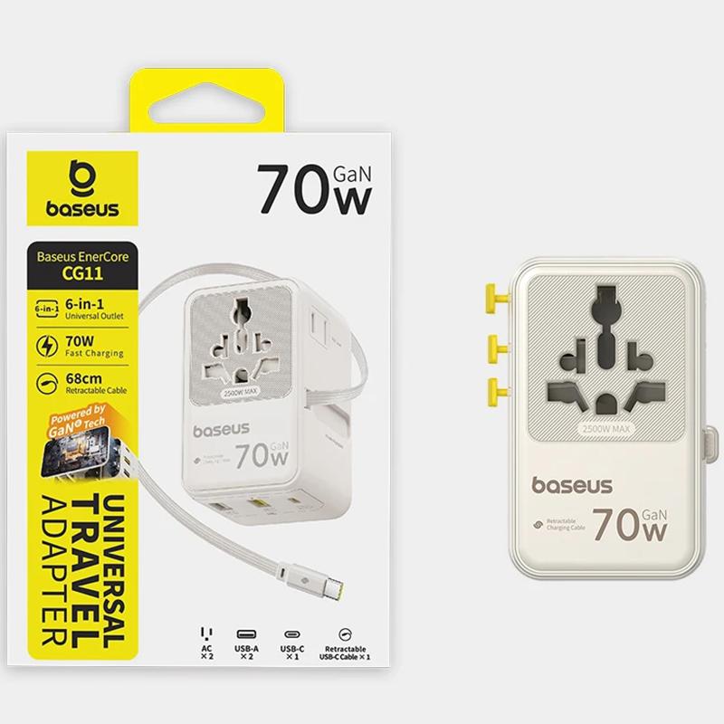 Мережевий універсальний перехідник Baseus CG11 70W with retractable cable (2USB-A/3C/1Socket) (E0307E) - Зображення 2