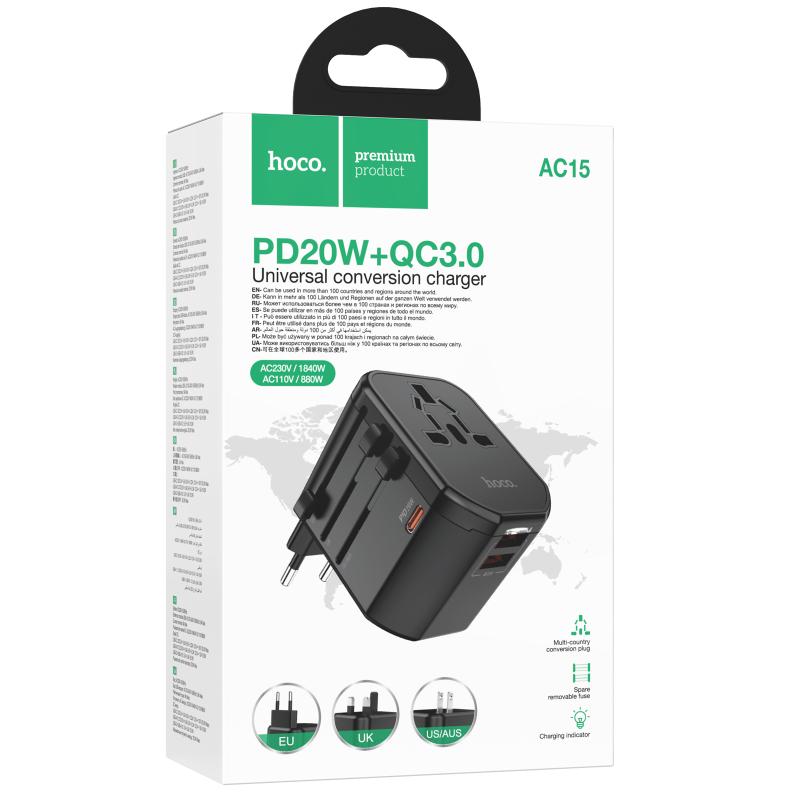 Мережевий універсальний перехідник Hoco AC15 Walker PD20W+QC3.0 (2USB-A/1C) (EU) - Зображення 2