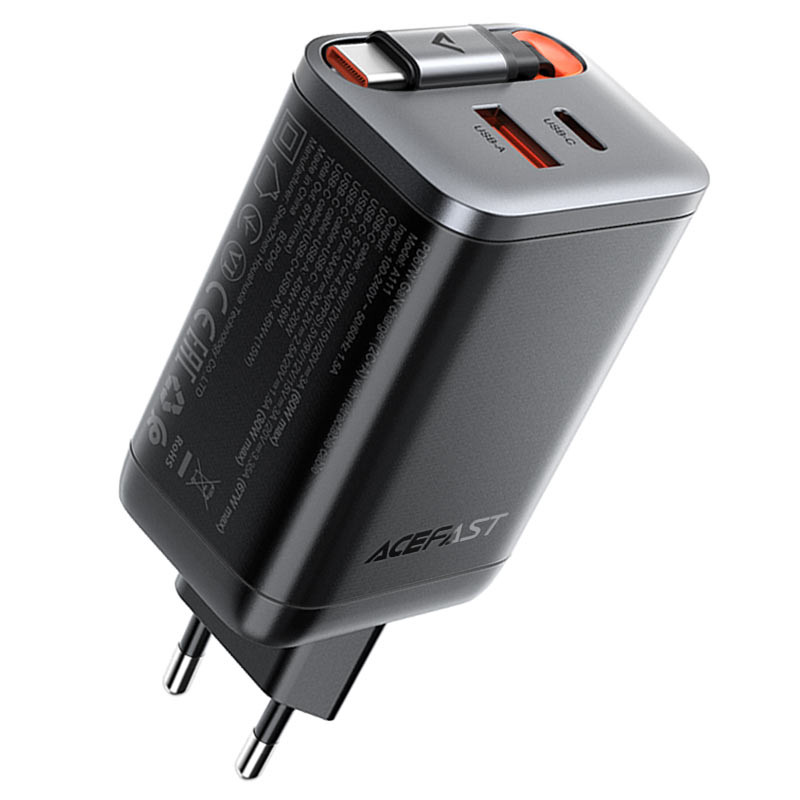 Мережевий зарядний пристрій Acefast A111 GaN With Retractable Cable Type-C PD67W (1USB-A/1C)