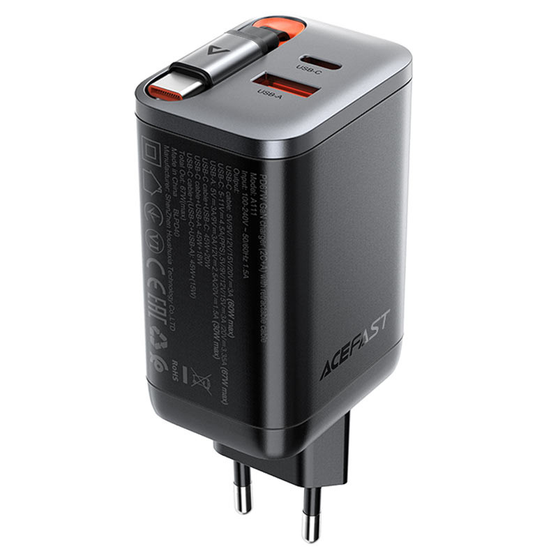 Мережевий зарядний пристрій Acefast A111 GaN With Retractable Cable Type-C PD67W (1USB-A/1C) - Зображення 2