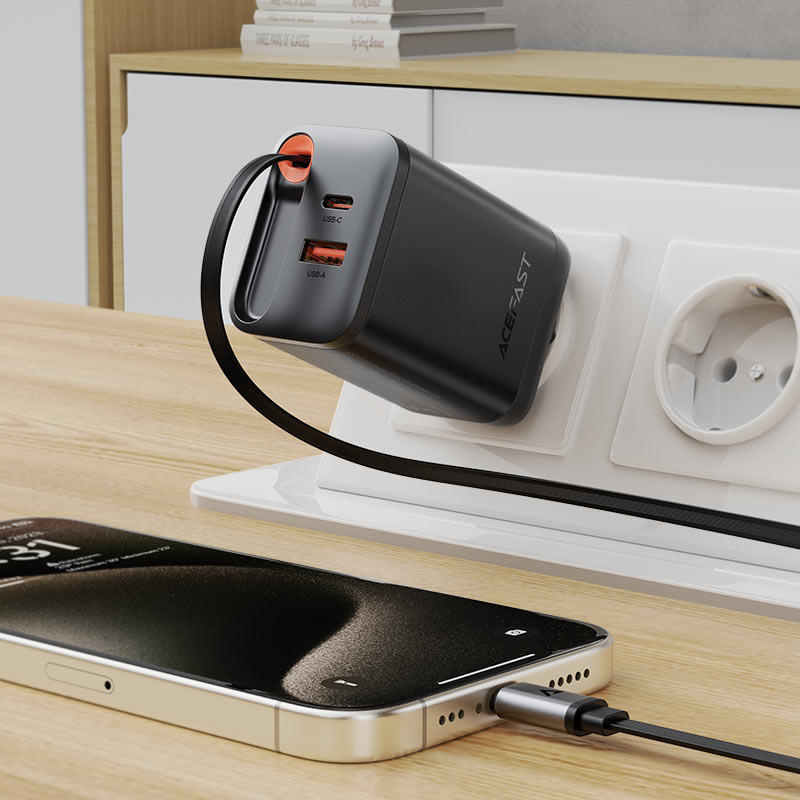 Мережевий зарядний пристрій Acefast A111 GaN With Retractable Cable Type-C PD67W (1USB-A/1C) - Зображення 4