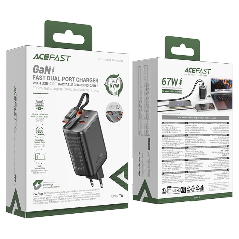 Мережевий зарядний пристрій Acefast A111 GaN With Retractable Cable Type-C PD67W (1USB-A/1C) - Зображення 6