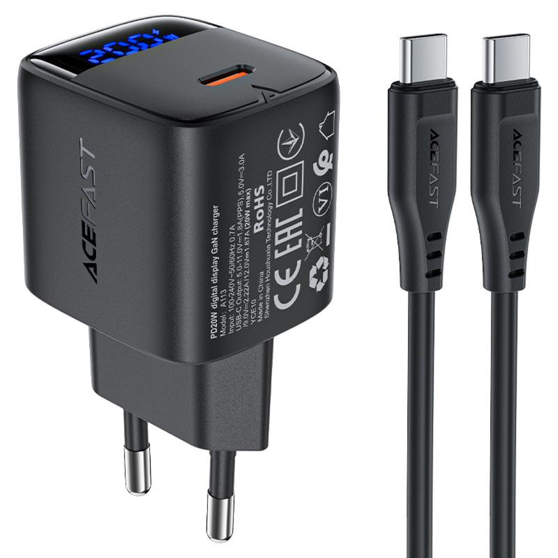 Мережевий зарядний пристрій Acefast A113 PD20W GaN (1USB-C) + кабель Type-C to Type-C