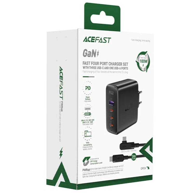 Мережевий зарядний пристрій Acefast A37 PD100W+QC3.0 GaN (1USB-A/3C) + кабель Type-C to Type-C 2m - Зображення 4