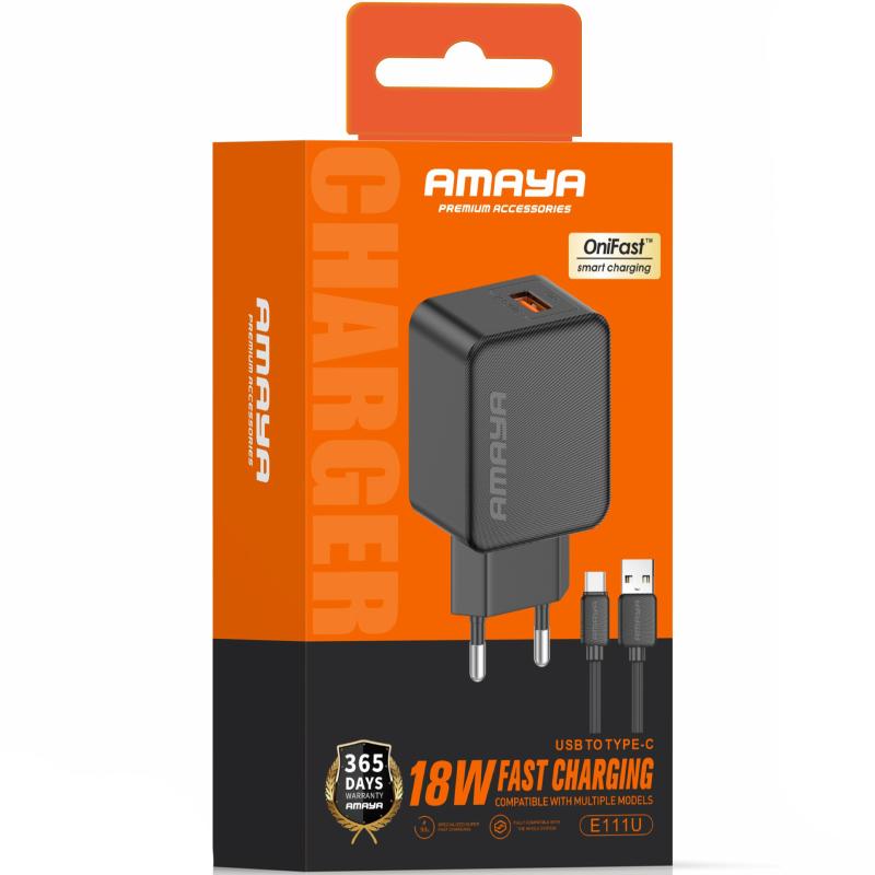 Мережевий зарядний пристрій Amaya E111U QC3.0 18W (1USB-A) + кабель USB to Type-C - Зображення 2