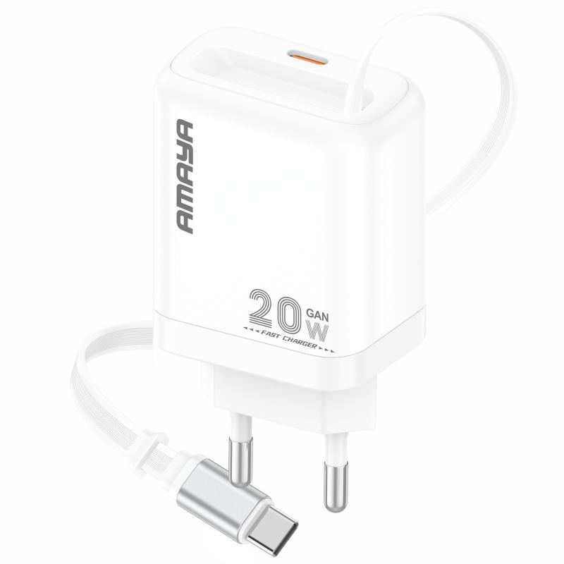 Мережевий зарядний пристрій Amaya E220S PD20W GaN (1USB-C) + Retractable Cable Type-C