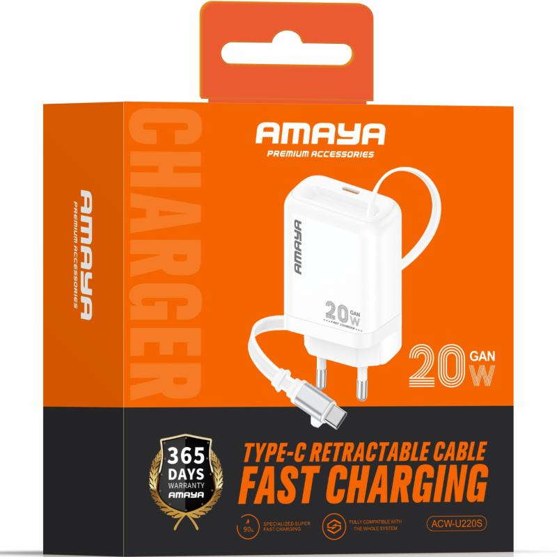 Мережевий зарядний пристрій Amaya E220S PD20W GaN (1USB-C) + Retractable Cable Type-C - Зображення 2