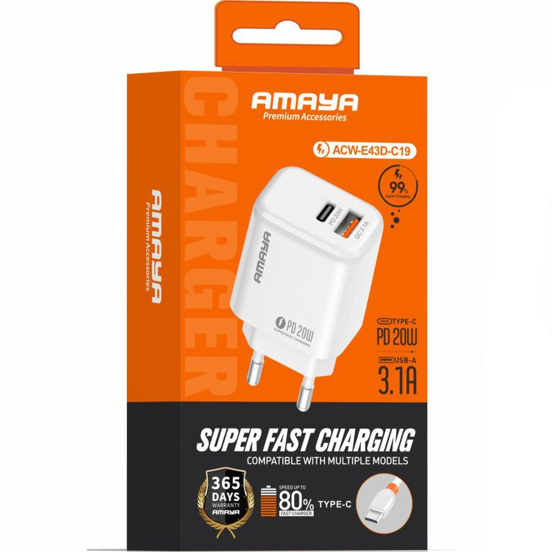 Мережевий зарядний пристрій Amaya E43D PD20W (1USB-A/1C) + кабель USB to Type-C - Зображення 2