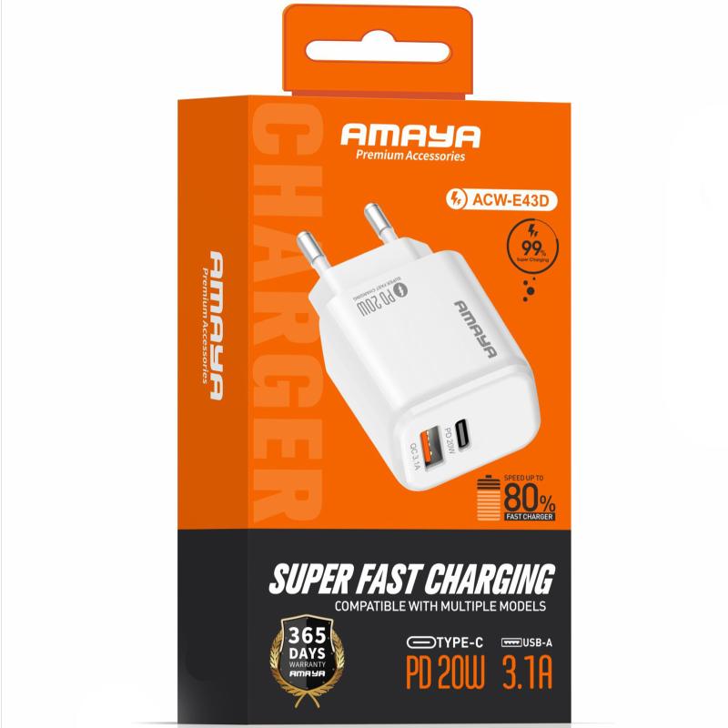 Мережевий зарядний пристрій Amaya E43D PD20W (1USB-A/1C) - Зображення 2