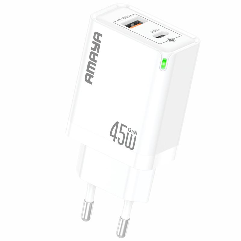 Мережевий зарядний пристрій Amaya E45D PD45W+QC3.0 GaN (1USB-A/1C)