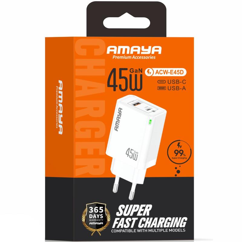 Мережевий зарядний пристрій Amaya E45D PD45W+QC3.0 GaN (1USB-A/1C) - Зображення 2