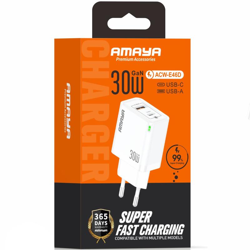 Мережевий зарядний пристрій Amaya E46D PD30W+QC3.0 GaN (1USB-A/1C) - Зображення 2