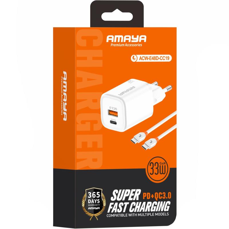 Мережевий зарядний пристрій Amaya E48D PD33W+QC3.0 (1USB-A/1C) + кабель Type-C to Type-C - Зображення 2