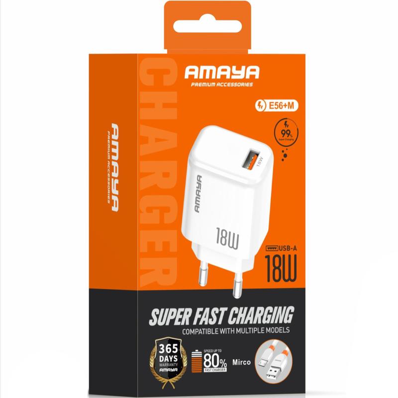 Мережевий зарядний пристрій Amaya E56 QC3.0 18W (1USB-A) + кабель USB to MicroUSB - Зображення 2