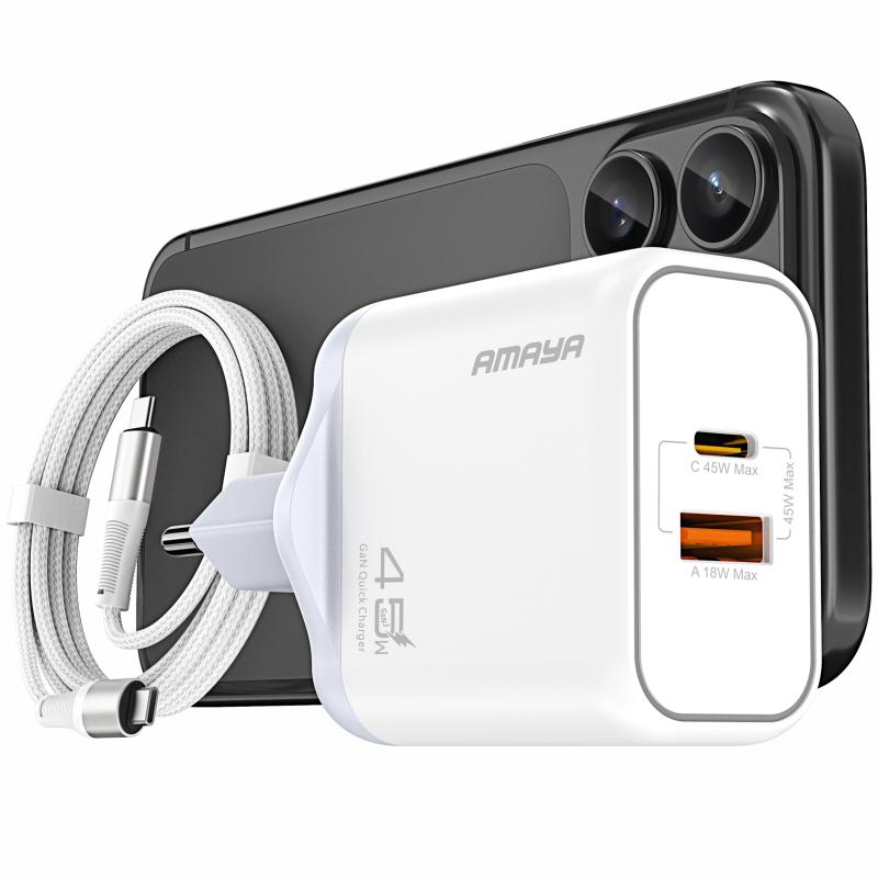 Мережевий зарядний пристрій Amaya E580T PD45W+QC3.0 GaN (1USB-A/1C) + кабель Type-C to Type-C