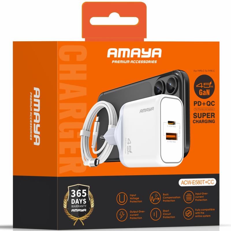 Мережевий зарядний пристрій Amaya E580T PD45W+QC3.0 GaN (1USB-A/1C) + кабель Type-C to Type-C - Зображення 2